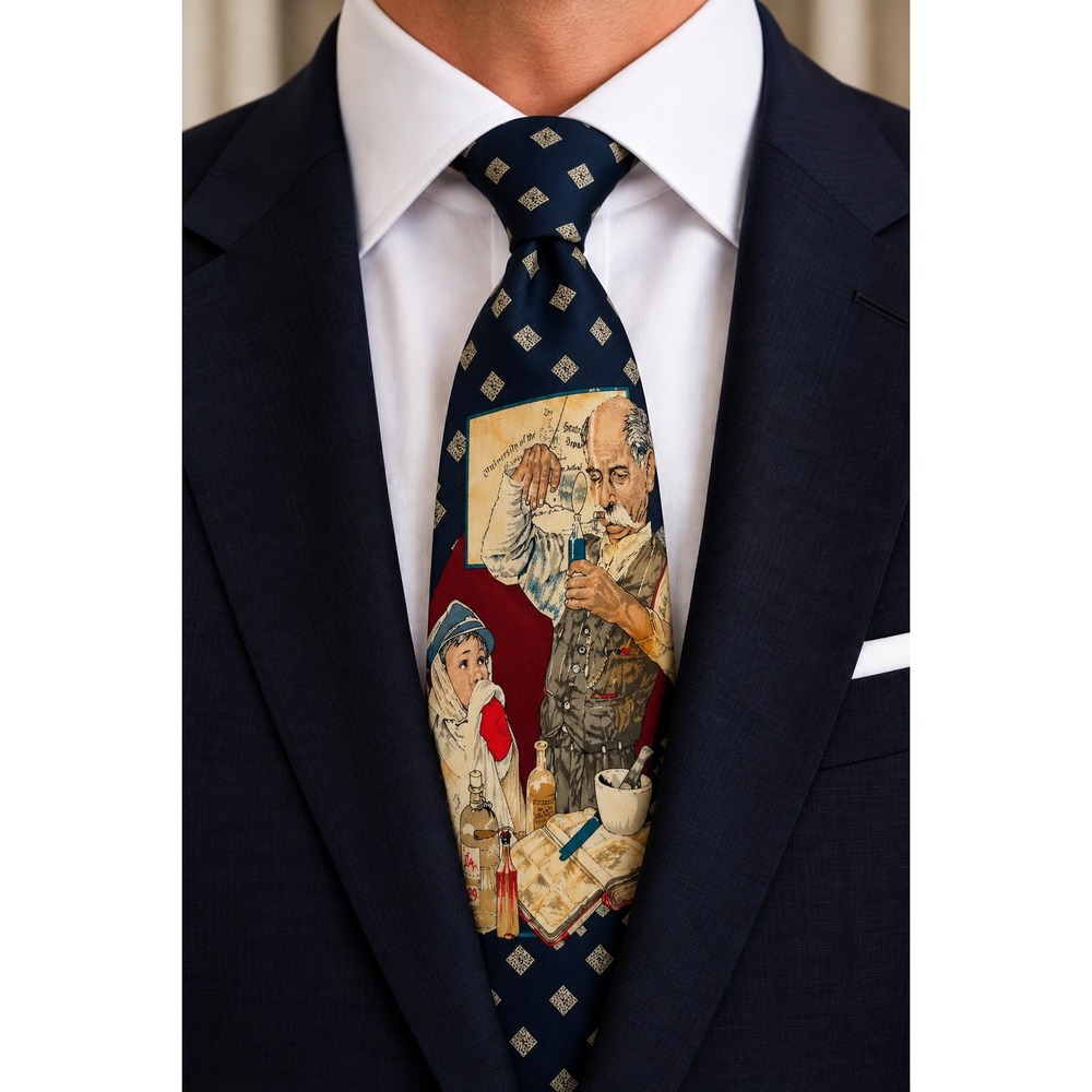 Norman Rockwell Mens The Pharmacist Saturday Evening Post Silk Tie Navy Blue